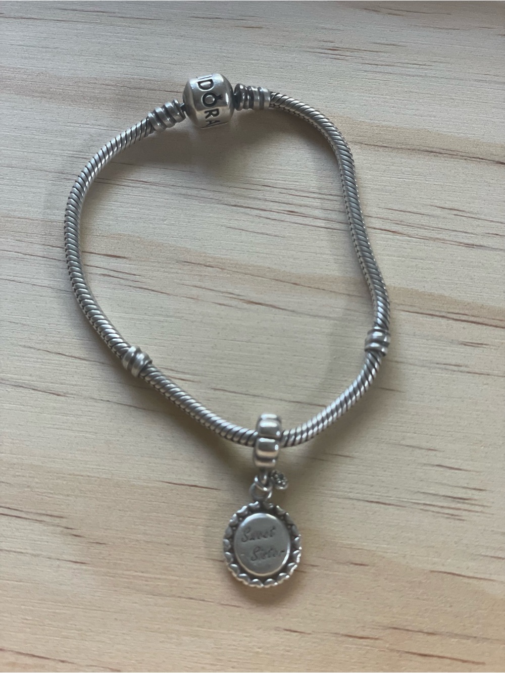 Original Pandora Silver Bracelet with 'Sweet Sister' Dangle Charm